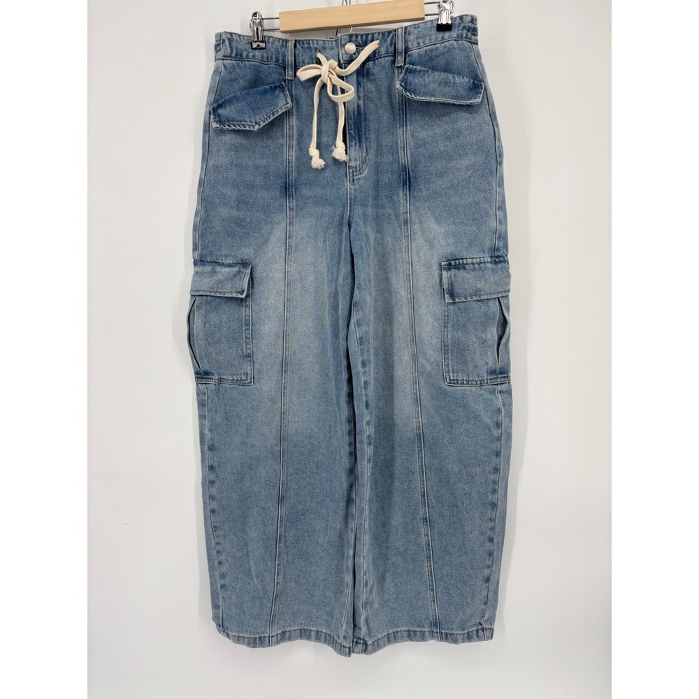 Aaron & Amber Womens Light Wash Wide Leg Cargo Jeans Blue AJP5901 Size Large NWT